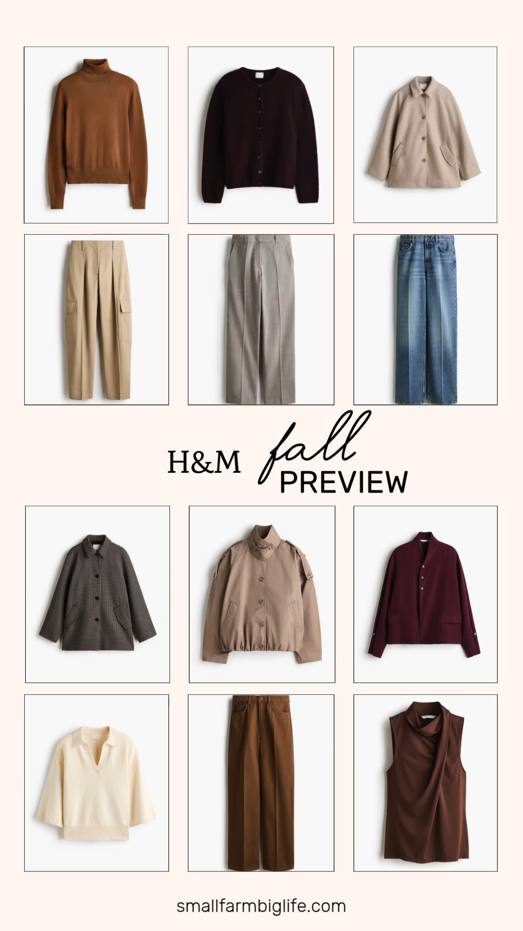 My H&M fall preview just dropped and this is exactly the lineup I needed for cooler weather dressing.

The light taupe Car Coat is such a versatile topper, and I love the grey brown and beige plaid Car Coat as a second option if you want more pattern. Paired with the light heathered taupe Twill Dress Pants, either coat instantly becomes a business casual workwear look.

The caramel Turtleneck Sweater is soft and so easy to layer, and the dark plum Loose-Fit Cardigan is a cozy neutral I keep reaching for. For a more relaxed fall outfit, the khaki Barrel-Leg Cargo Pants and the light denim blue Wide-Leg Creased Jeans are both great options, and the brown Wide-Leg Creased Jeans give you a warmer toned alternative.

The burgundy Textured-Weave Button-Detail Shirt adds a pop of color to any work outfit, while the cream Fine-Knit Polo Shirt and coffee brown Draped Jersey Top are perfect simple layering pieces underneath a coat or cardigan. The light taupe Twill Blouson Jacket rounds things out as a lighter option for transitional days.

So many easy pieces to build fall outfits and work outfits around this season.

#hm #fallfashion #falloutfits #workwear #fallstyle 

 #LTKootd #LTKOver40 #LTKWorkwear