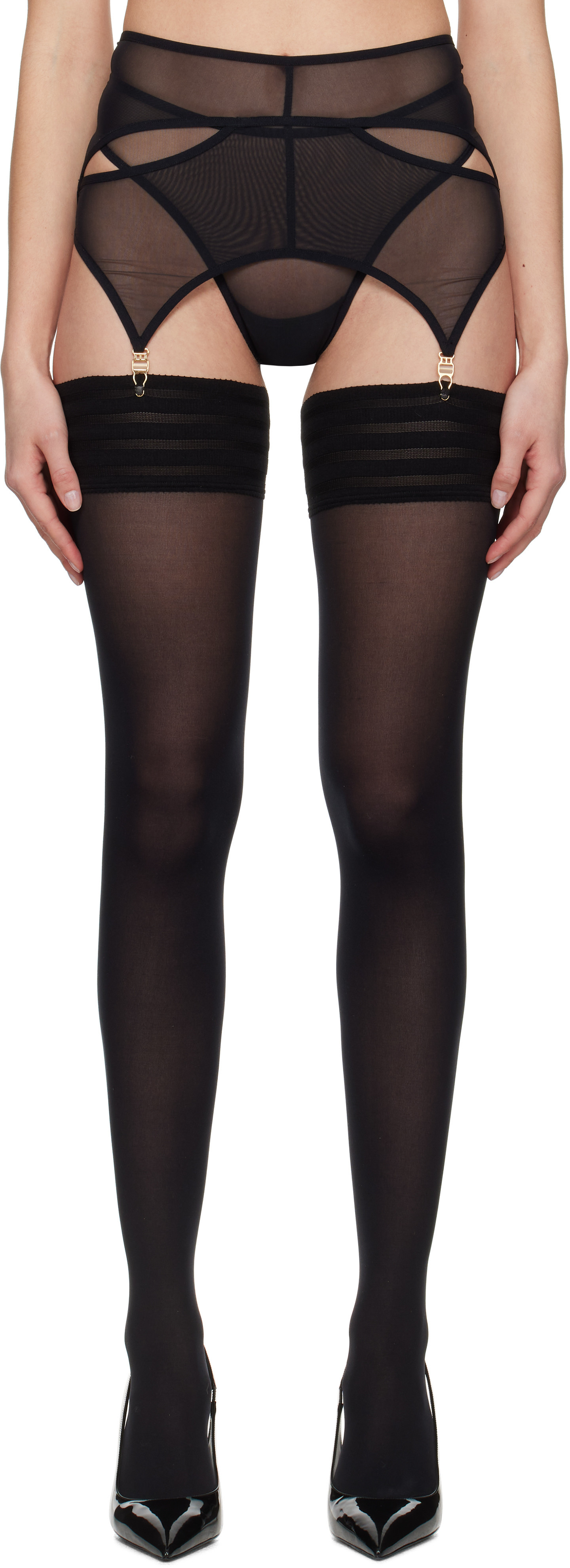 Shadowplay Black Shadow Garter Belt & Thong Set | SSENSE
