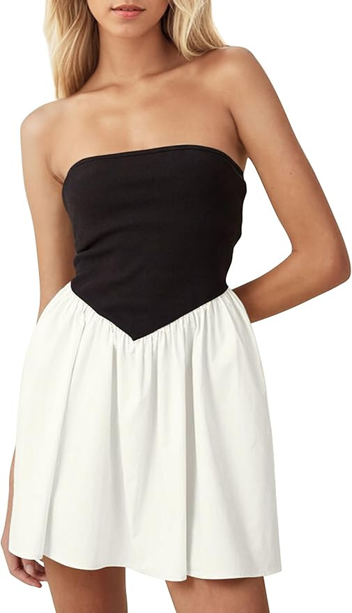 MISSACTIVER Women Strapless Tube Top Mini Dress Off Shoulder Sleeveless Drop-Waist A Line Short D... | Amazon (US)