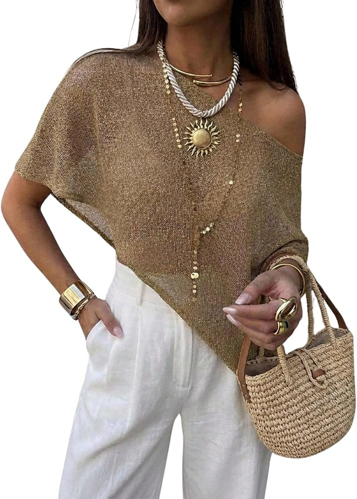 Verdusa Women's Off The Shoulder Poncho Top Asymmetrical Summer Tops 3/4 Sleeve Oversized Tshirts | Amazon (US)