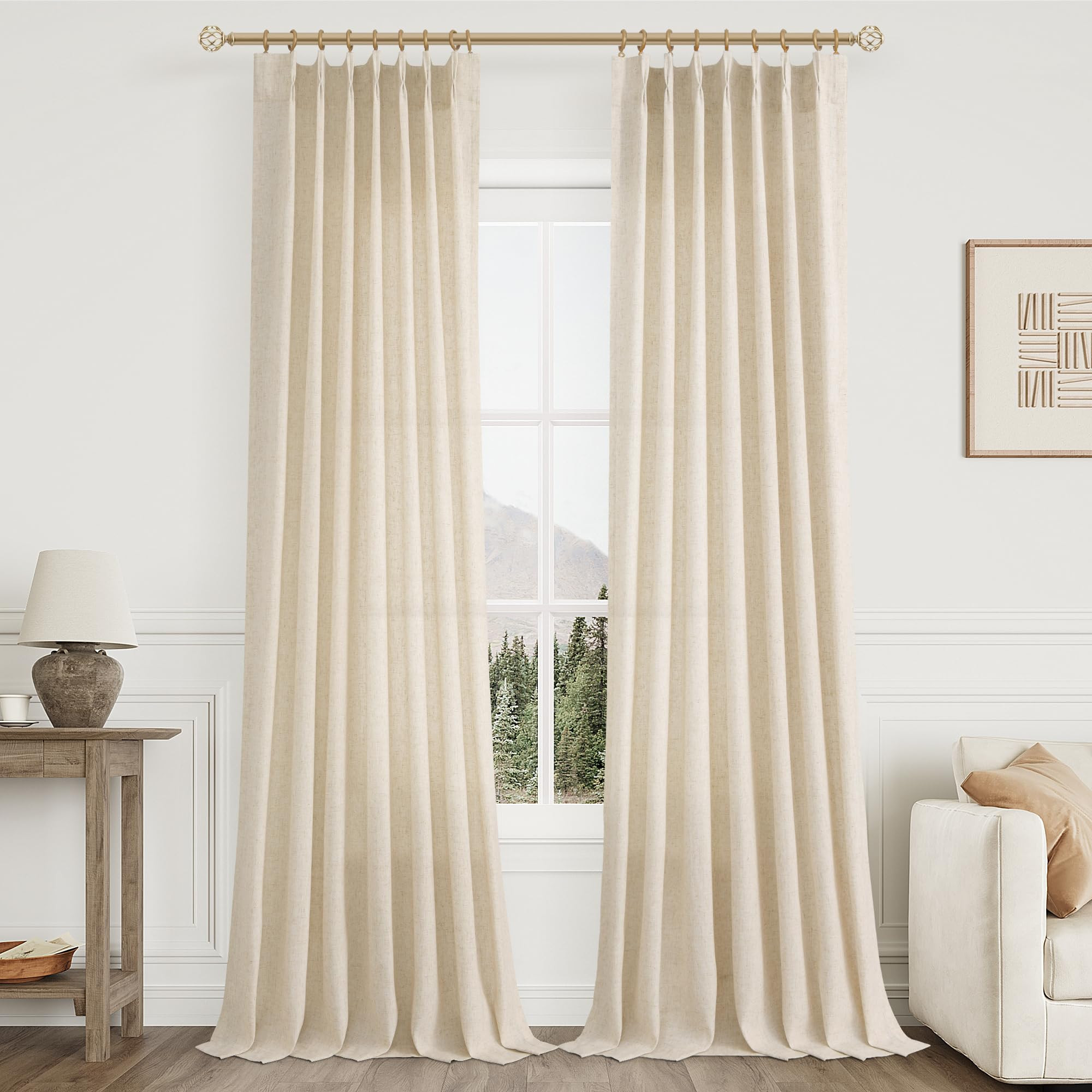 Pinch Pleat Linen Curtains for Living Room 108 Inches Long Extra Long Beige Flax Linen Pleated 10... | Amazon (US)