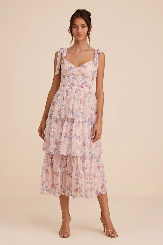 Flirtatious Radiance Blush Pink Floral Mesh Bustier Midi Dress | Lulus