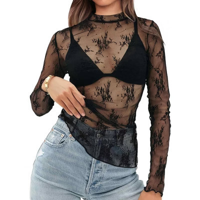 Women Elegant Lace Blouse Long Sleeves Sheer Shirt, Black1, XL | Target