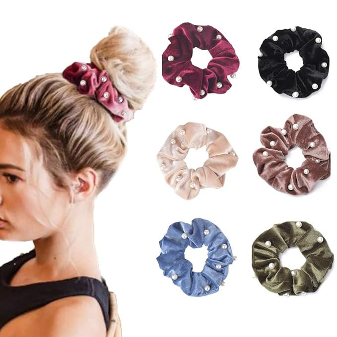 Briskaari Hair Scrunchies Black Hair Ties Velvet Elastic Hair Ropes Pearl Hair Accessories for Wo... | Amazon (US)