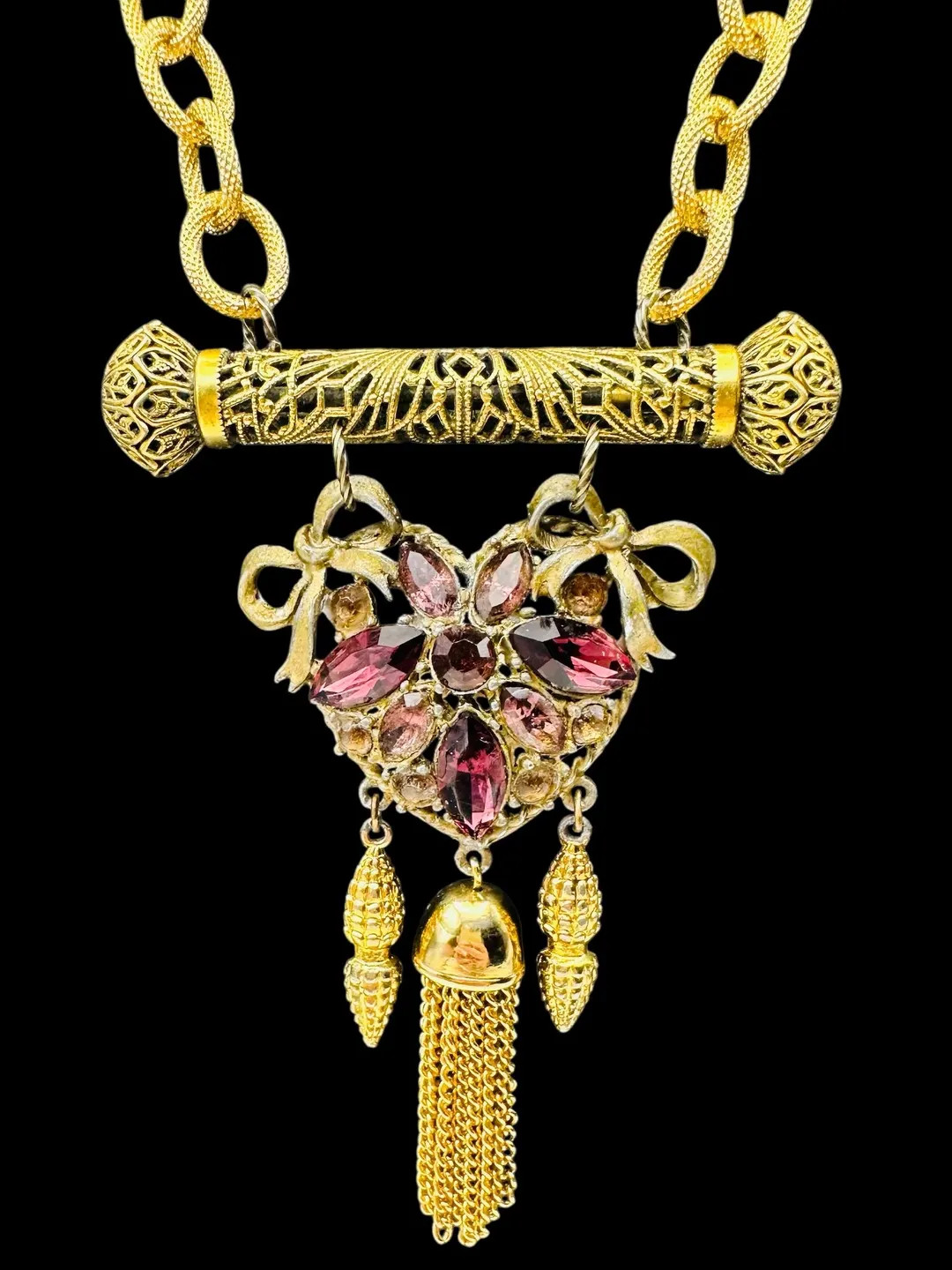 Vanessa | Vintage Czech Foiled Glass Heart Necklace | Freirich Filigree Bar | Bold Gold Link Stat... | Etsy (US)