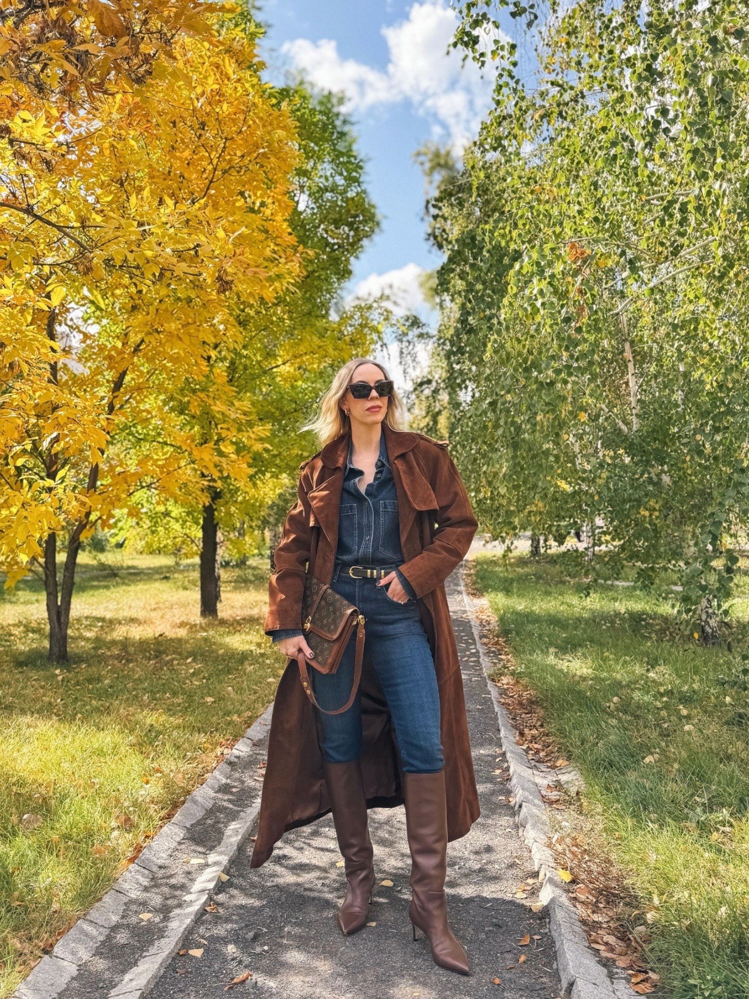 Classic fall outfit with suede trench coat, denim shirt, skinny jeans and brown point toe stiletto boots