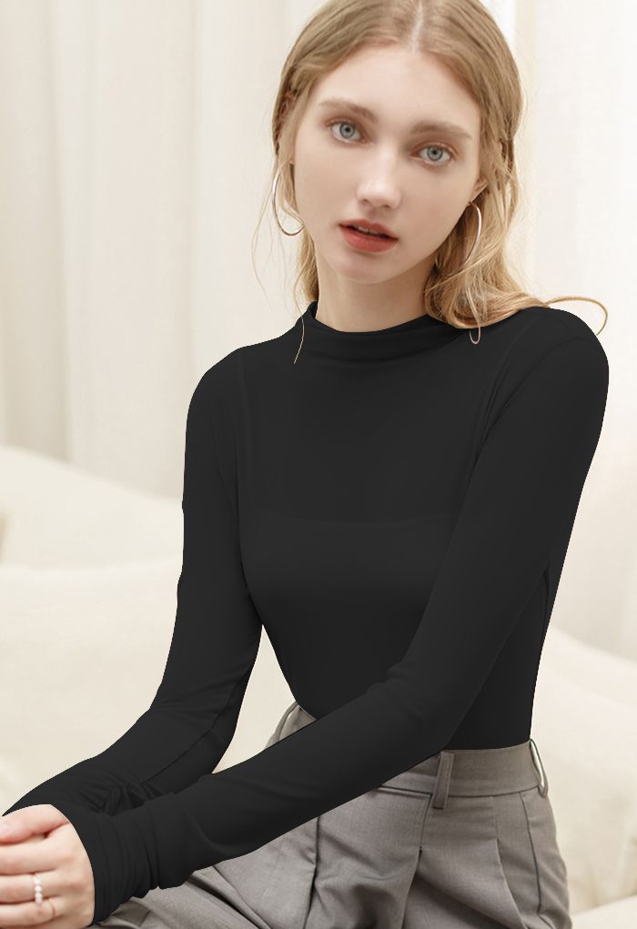 Ruched Detail Sheer Mesh Fitted Top in Black | Chicwish