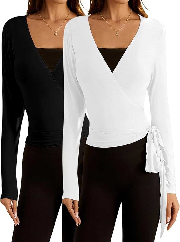 SweatyRocks Women's 2 Pack Yoga Shirts Wrap Ruched Tie Front Long Sleeve Workout T Shirts | Amazon (US)