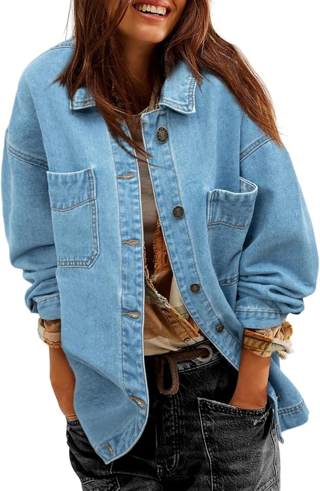 Sidefeel Women's Jean Jacket Oversized Boyfriend Button Up Long Sleeve Split Zimbaplatinum Denim ... | Amazon (US)