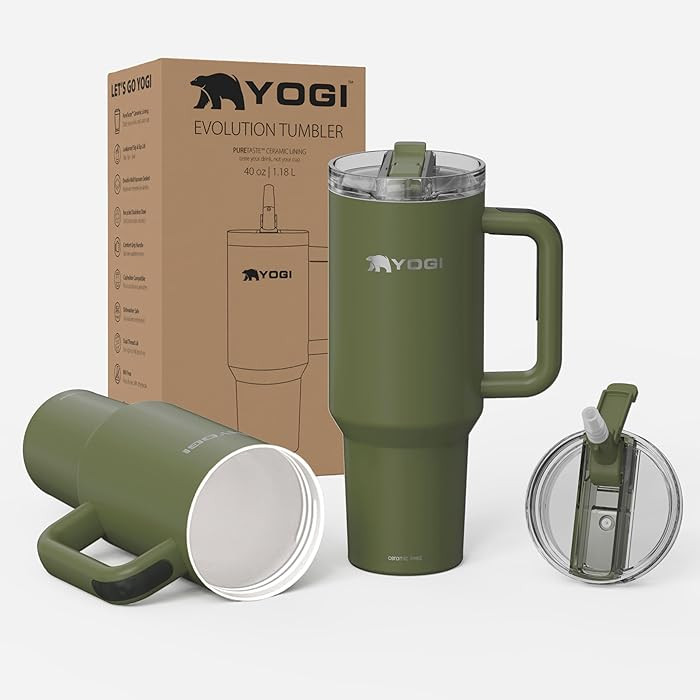 YOGI Ceramic Lined Metal Allergy Safe 40oz Tumbler with Handle and Straw Leakproof Flip & Sip Lid... | Amazon (US)
