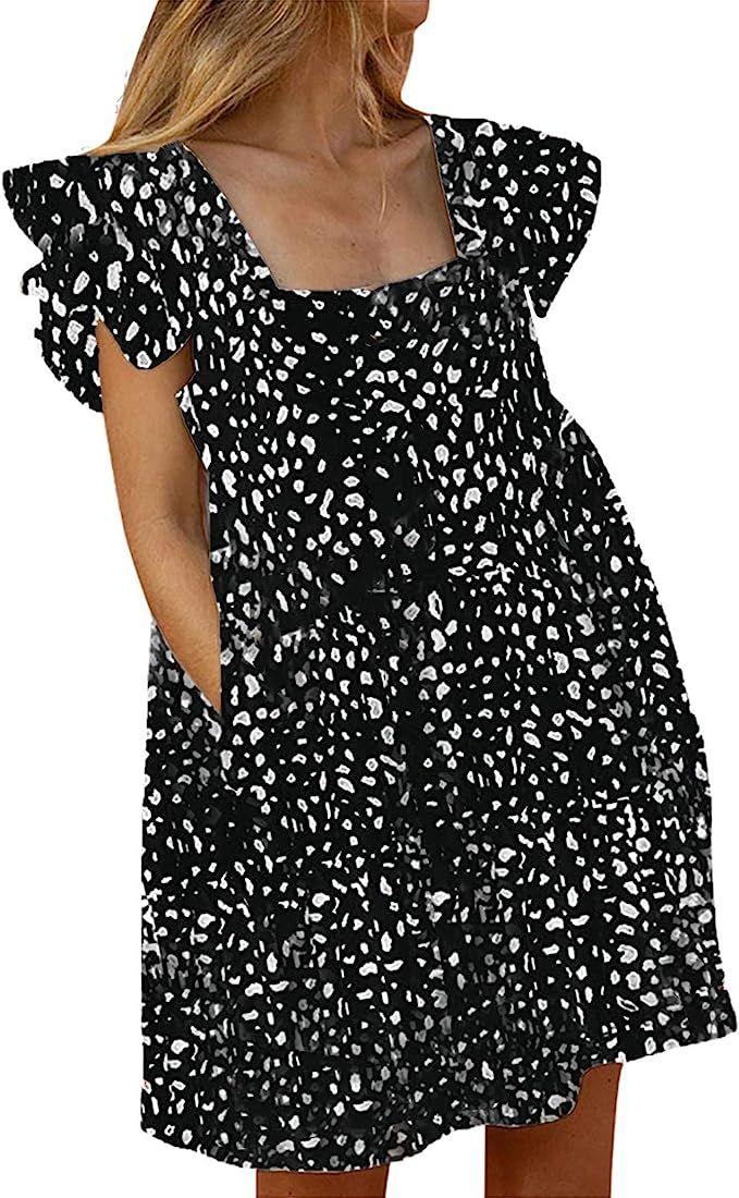 Women Summer Dot Leopard Printed Ruffle Sleeveless Loose Flowy Babydoll Tunic Casual Mini Dresses | Amazon (US)