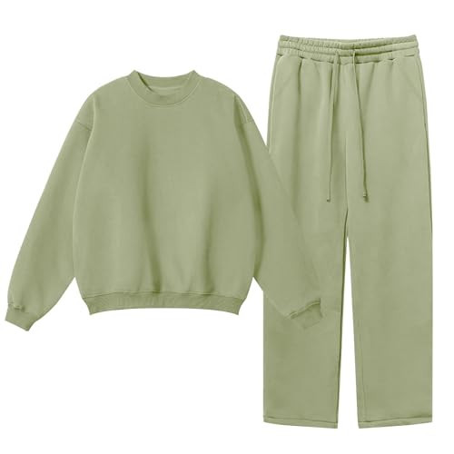 Flygo Womens 2 Piece Outfit Fleece Sweatsuit Sets Crewneck Long Sleeve Pullover Wide Leg Jogger Sweatpants Matching Tracksuit(GreyGreen-S) | Amazon (US)