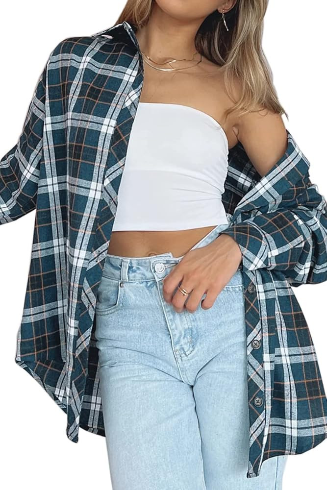 CHYRII Womens Button Down Flannel Shirts Long Sleeve Plaid Shackets Business Casual Tops | Amazon (US)