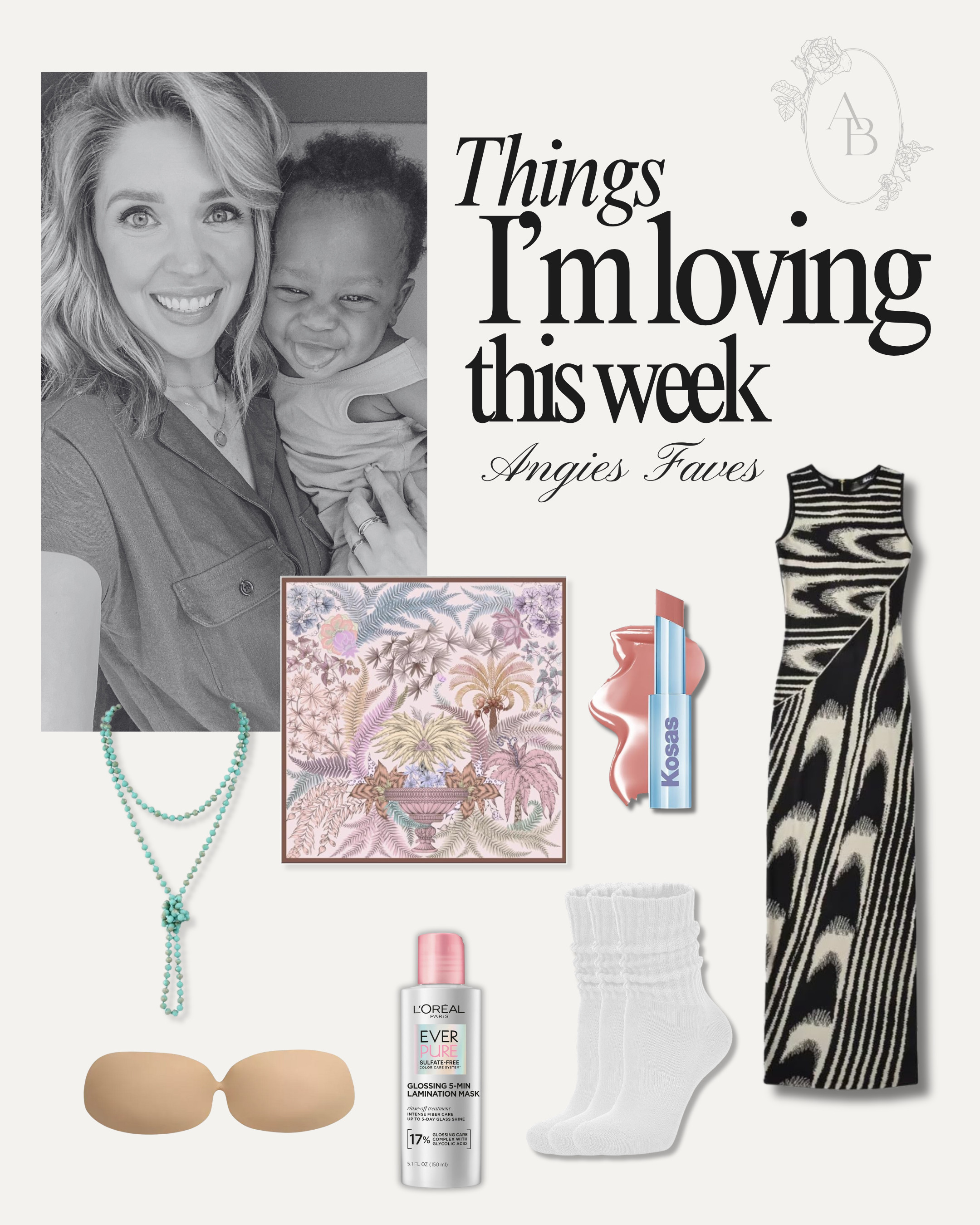 Things I'm loving this week! 
This 100% silk scarf looks like it's from Farm Rio, but it's much less expensive! The dress is one of the purchases that surprised me in the most pleasant way. The quality is outstanding! I'm very into glossy/high-shine lip products right now, and this Kosas one is really good!
My favorite socks—need I say more?
THE BEST sticky bra ever! Seriously... it's my new go-to! 
Hair gloss for a little self-care and a turquoise necklace because I AM WHAT I AM! 

 #LTKFindsUnder50 #LTKStyleTip #LTKFamily