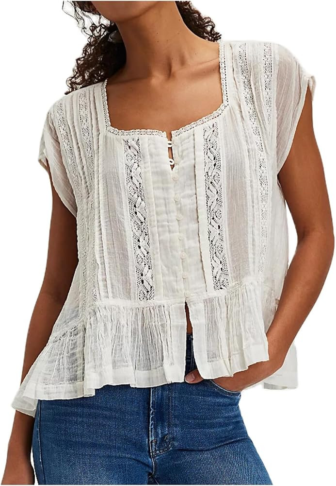 Women Lace Trim Ruffle Top Semi Sheer Cap Short Sleeve Button Down Shirt Summer Peplum Flowy Boho... | Amazon (US)