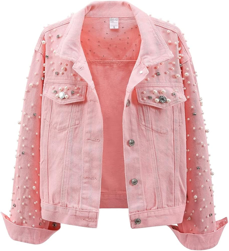 LifeShe Women's Pearls Denim Jacket Cropped Rhinestones Jean Jacket Coat | Amazon (US)