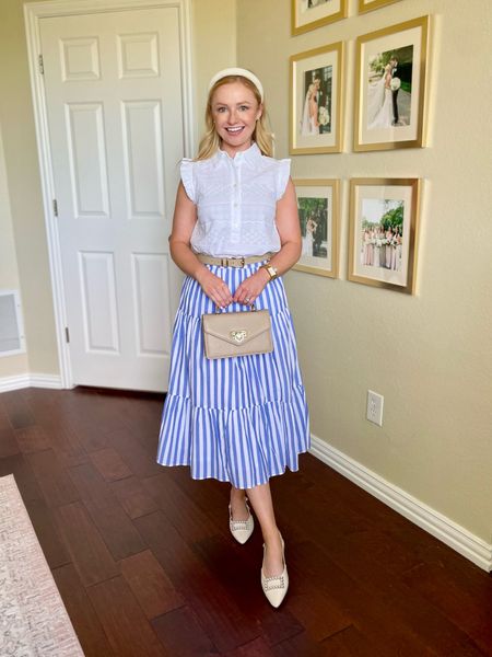 Wearing an XS in both top and skirt! | spring workwear, teacher outfit, midi skirt, spring outfit, summer workwear, Memorial Day outfit, eyelet top, coastal style, coastal grandmother 

#LTKworkwear #LTKSeasonal #LTKstyletip