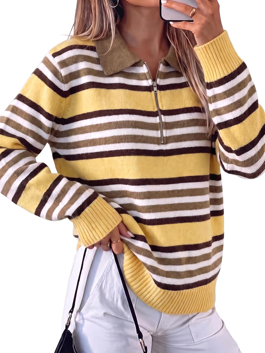 Fisoew Womens Quarter Zip Striped Sweater Collared Long Sleeve Pullover Top | Amazon (US)