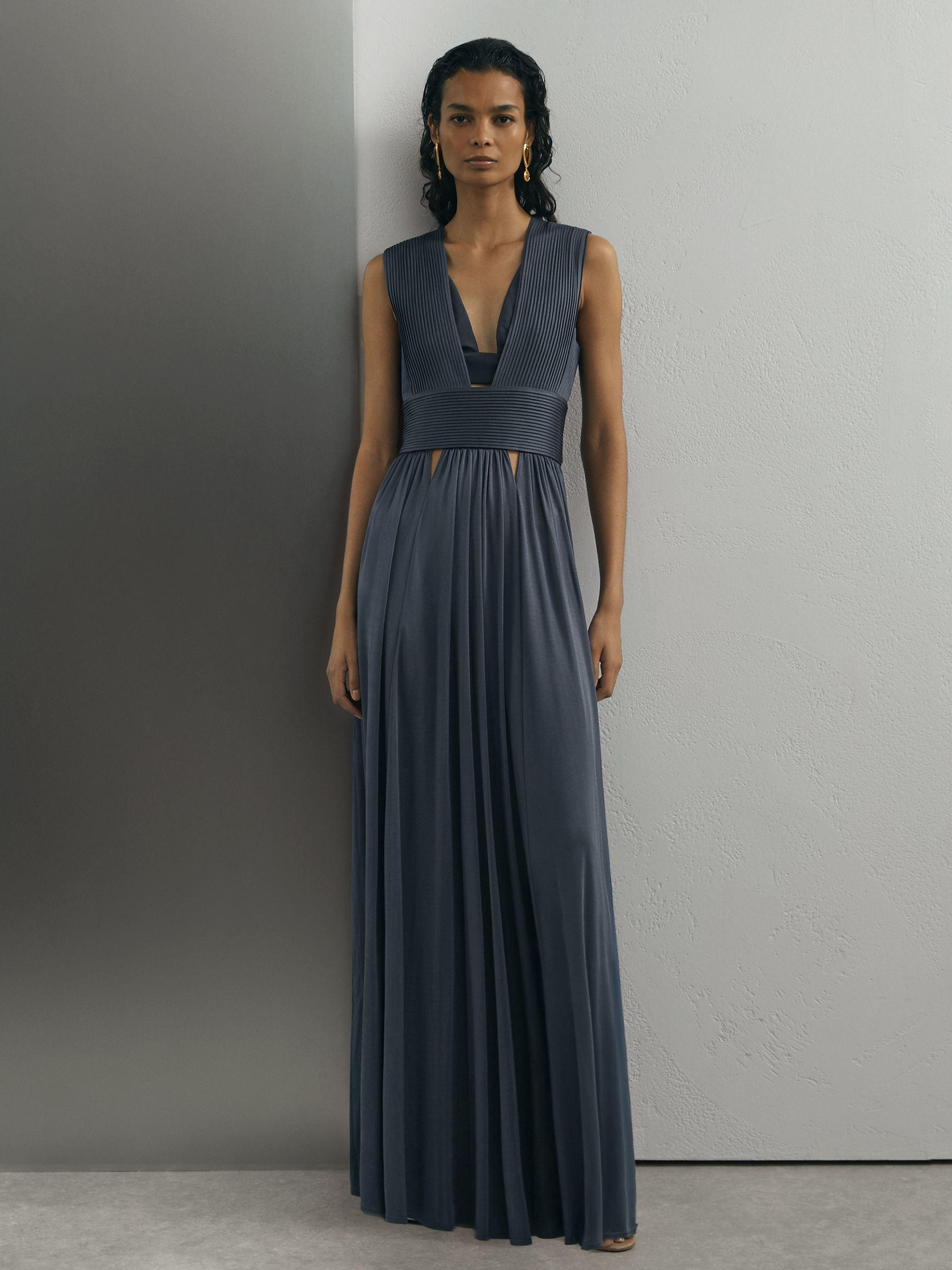 Reiss Atelier Pleated Plunge-Neck Maxi Dress in Teal - REISS | Reiss UK