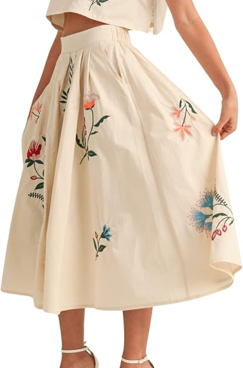 Women’s Embroidered Elastic High Waist A-Line Maxi Long Skirt Bohemian Long Skirts Dress with P... | Amazon (US)