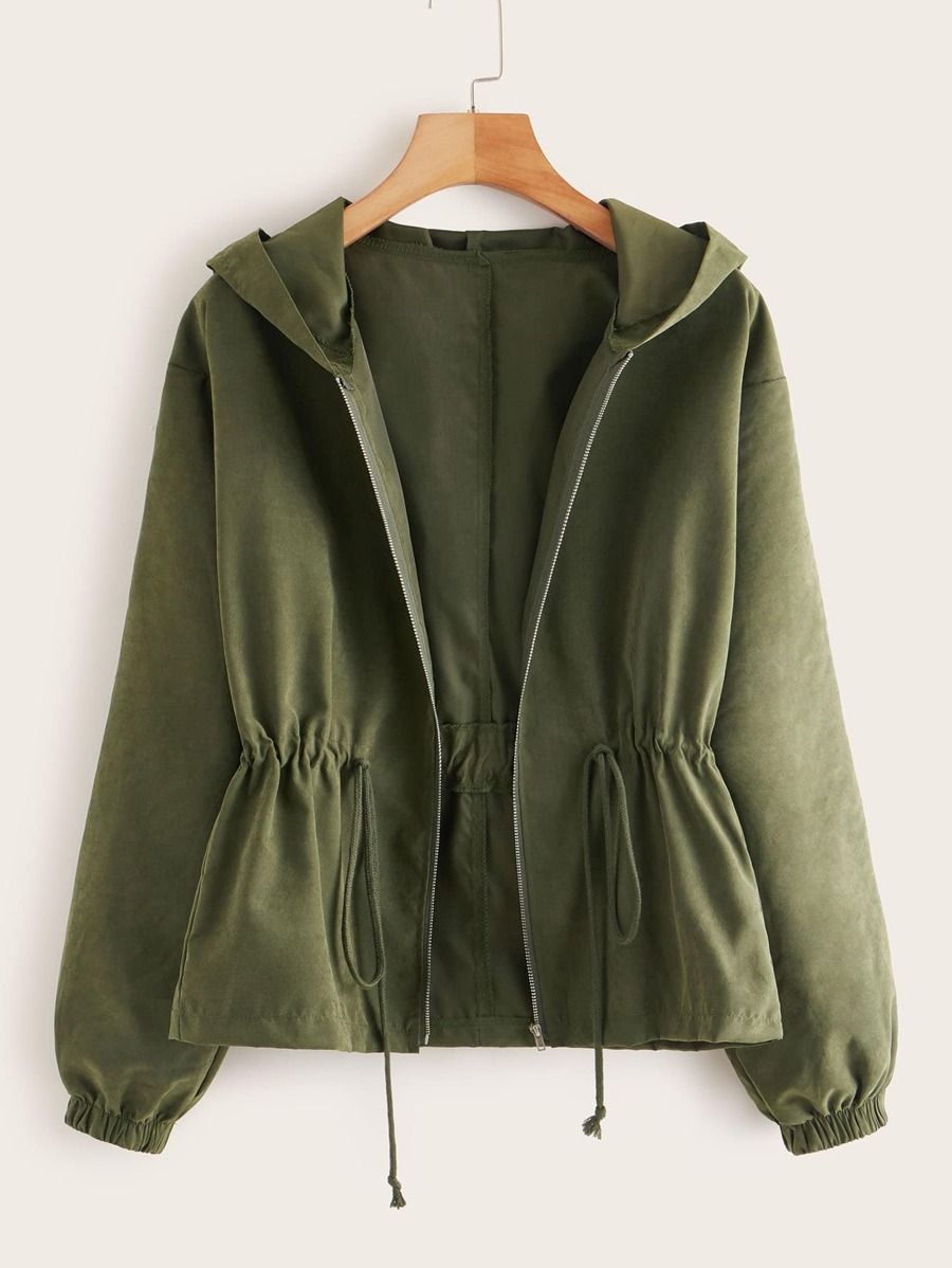 Plus Zip Up Drawstring Hooded Coat | SHEIN