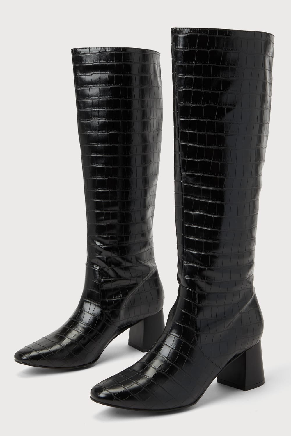 Bryson Black Crocodile-Embossed Knee-High Boots | Lulus