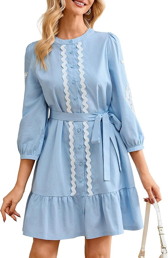 YEXPINE Women's Button Down Shirt Dresses Casual Crew Neck Belted 3/4 Sleeve Flowy Ruffle Hem Min... | Amazon (US)