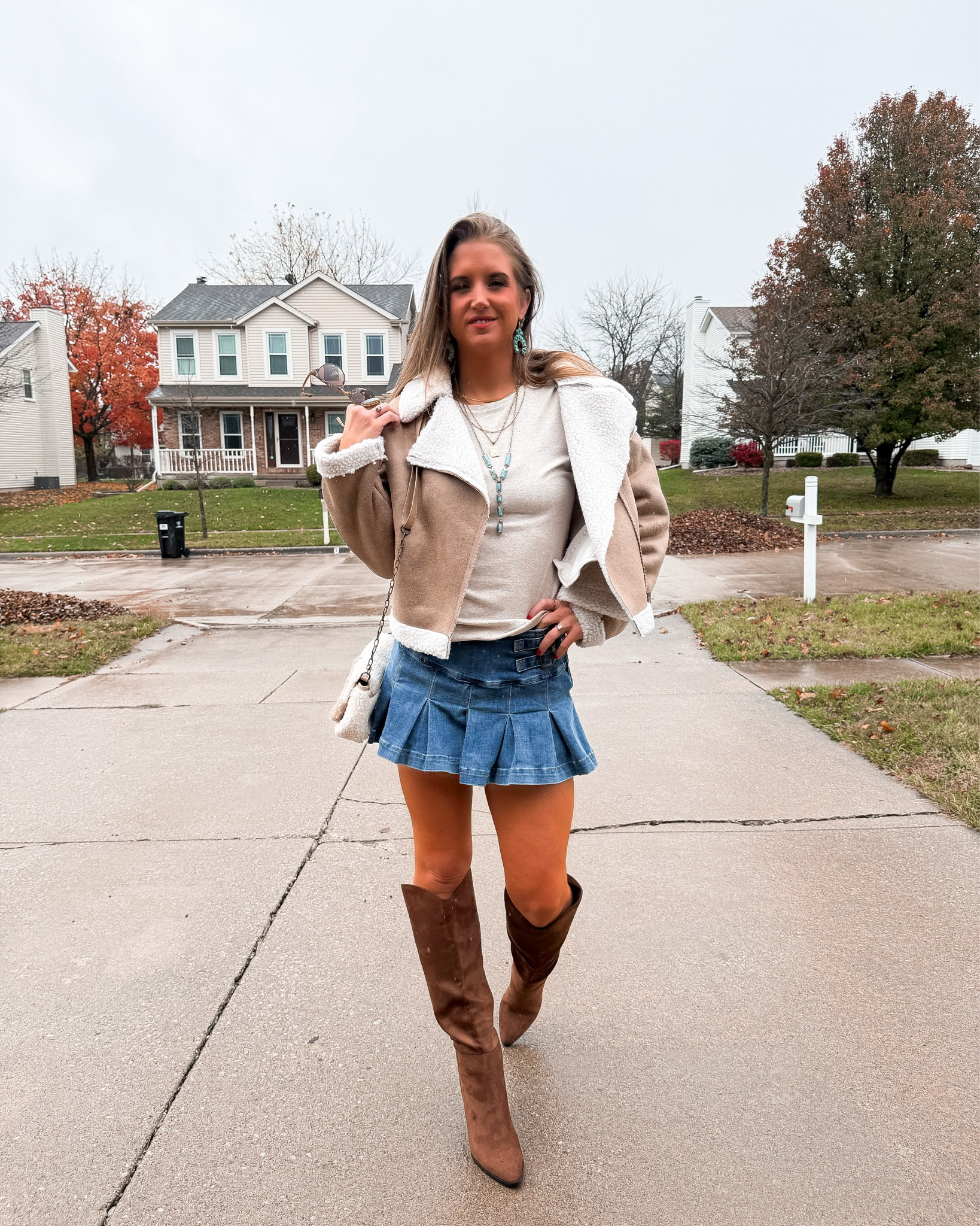 Fallin for all these Fall vibes 🫠😉 | CIDER Jacket | Target long sleeve and denim skort | boots | accessories and jewelry all under $20 🤎 #fallstyle #ootd #oufitstyle #neutrals #favorites

#LTKFindsUnder50 #LTKCyberWeek #LTKSeasonal