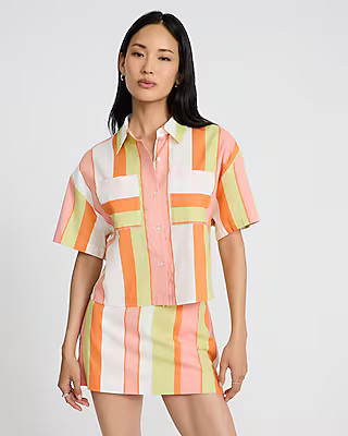Striped Linen-Blend Cropped Boyfriend Portofino Shirt | Express