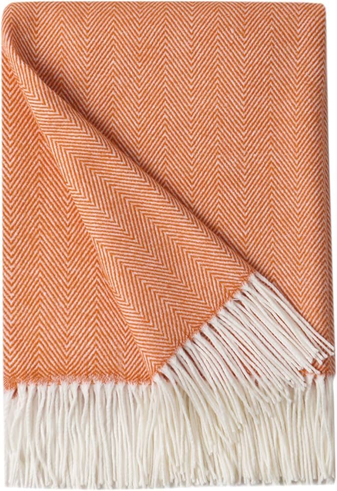 BOURINA Decorative Herringbone Faux Cashmere Fringe Throw Blanket Lightweight Soft Cozy for Bed or Sofa Farmhouse Outdoor Throw Blankets, 50" x 60" Orange | Amazon (US)