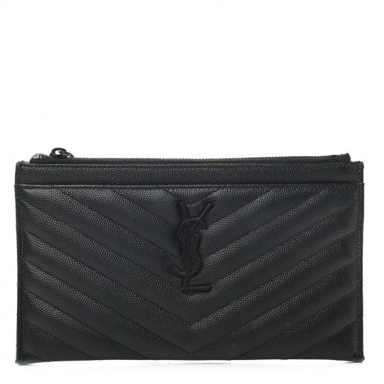 SAINT LAURENT Grain De Poudre Chevron Monogram Bill Pouch Black | Fashionphile