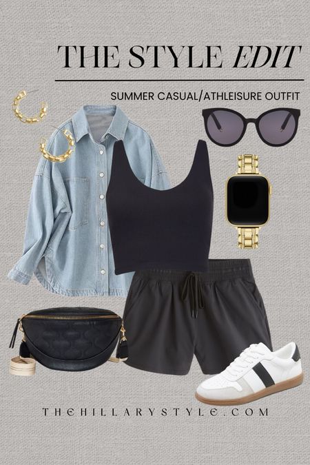 The Style Edit: Summer Casual & Athleisure Outfit. Casual shorts outfit perfect for running errands, taking the kids to the park, going for a walk. Running shorts, cropped workout tank, denim shacket, sneakers, quilted belt bag, black sunglasses, Apple Watch band, gold watch band, gold hoop earrings. Abercrombie, Target, Zella, Nordstrom, Kate Spade, Madewell, Amazon. Summer casual outfit, summer athleisure, summer athletic outfit, black shorts outfit; OOTD.

#LTKStyleTip #LTKActive #LTKSeasonal
