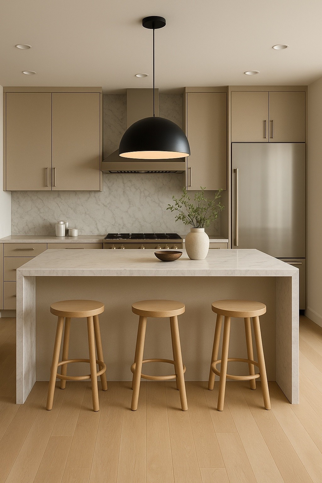 A warm modern kitchen featuring a soft-beige cabinet palette, a luxury marble island, natural wood bar stools, and a bold matte-black dome pendant light.
This clean, minimal, neutral aesthetic brings a high-end designer look to any home.
Shop the exact style — bar stools, pendant lighting, décor pieces, and luxe kitchen essentials linked below.

#LTKHome #ModernKitchen #KitchenDesign #NeutralHome #LuxuryInteriors #MarbleIsland #KitchenInspo #ContemporaryDesign #InteriorGoals #HomeDecorInspo