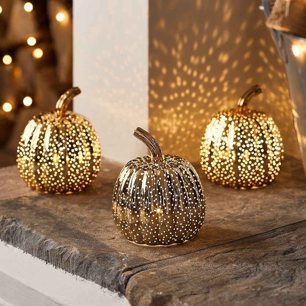 Lights4fun, Inc. Set of 3 Brass Mottled Mercury Glass Battery Operated LED Fall Thanksgiving Light U | Amazon (US)