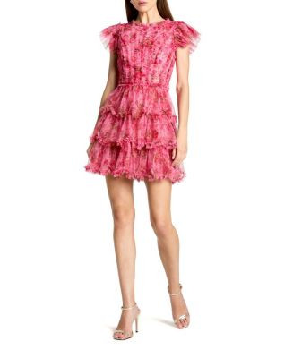 Mac Duggal Floral High Neck Cap Sleeve Ruffle Mini Dress | Bloomingdale's Women | Bloomingdale's (US)