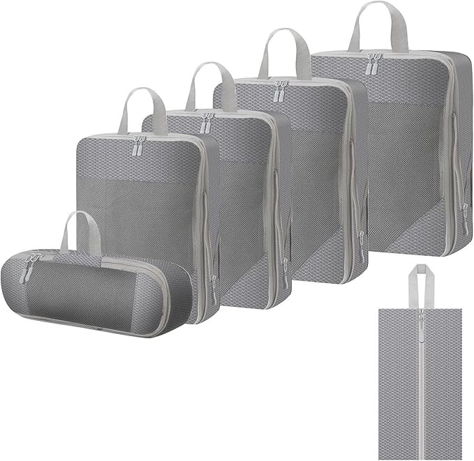 WOOMADA Compression Packing Cubes for Suitcases Travel Essentials 6 Set Rectangle Mesh Expandable... | Amazon (US)