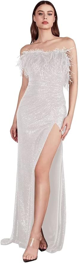 Strapless Feather Prom Dresses Long Sparkly Sequin Mermaid Formal Evening Gowns for Women | Amazon (US)