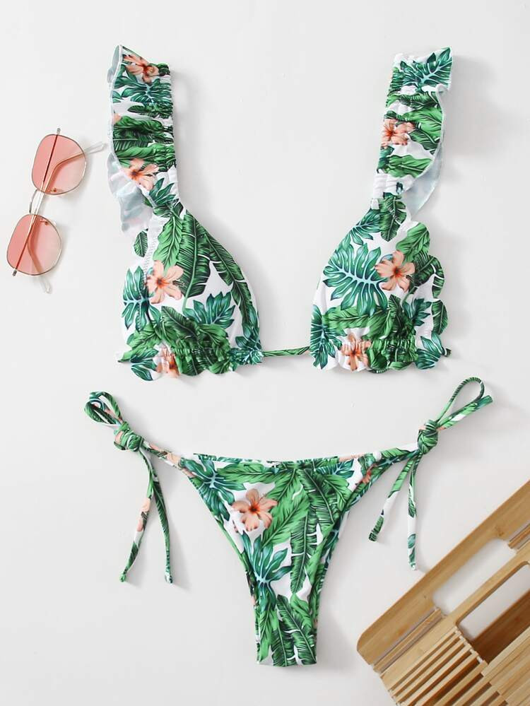 Tropical Scallop Triangle Tie Side Bikini Swimsuit | SHEIN