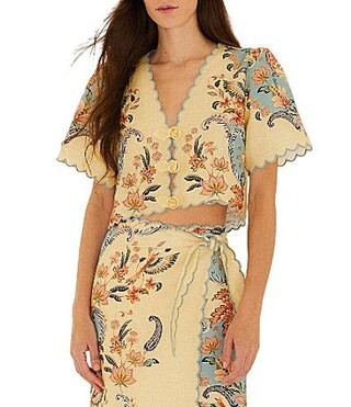 Farm Rio Boho Beauty V-Neck Short Sleeve Scallop Hem Coordinating Linen Top -  L | Dillard's