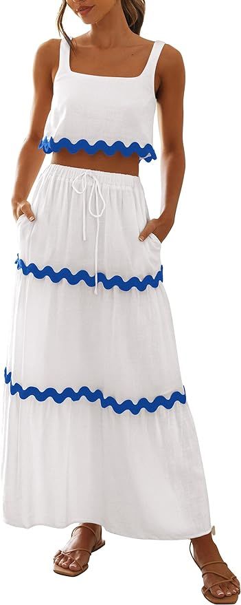 PRETTYGARDEN Womens 2 Piece Summer Casual Sleeveless Cropped Tank Top High Waisted Maxi Skirt Set | Amazon (US)