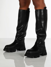 Genius Black Knee High Chunky Sole Boots | Public Desire