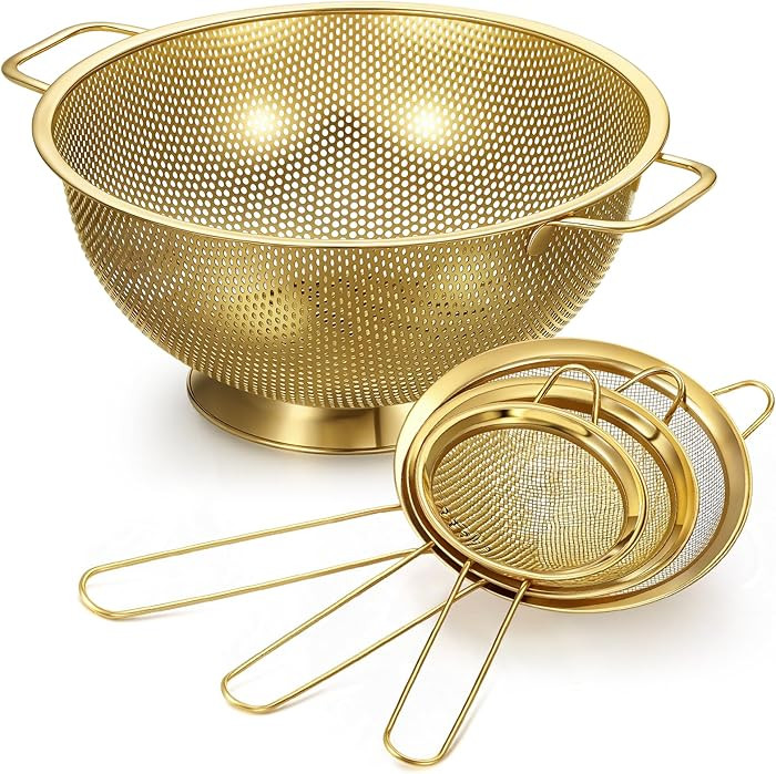 Norme 4 Quart Stainless Steel Gold Colander and 3 Pcs Gold Fine Mesh Strainer, Stainless Steel Pa... | Amazon (US)
