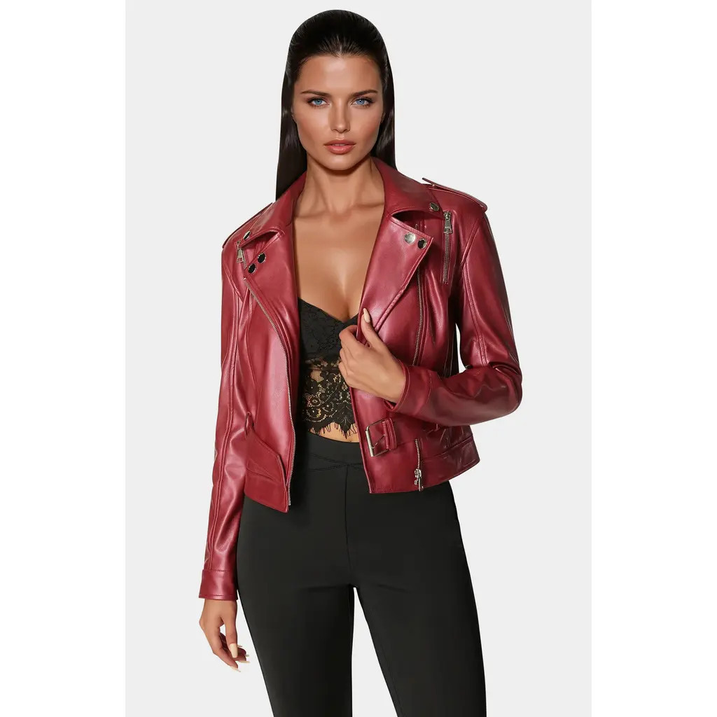 bebe Metallic Vegan Leather Moto Jacket in Red Dahila at Nordstrom, Size X-Large | Nordstrom