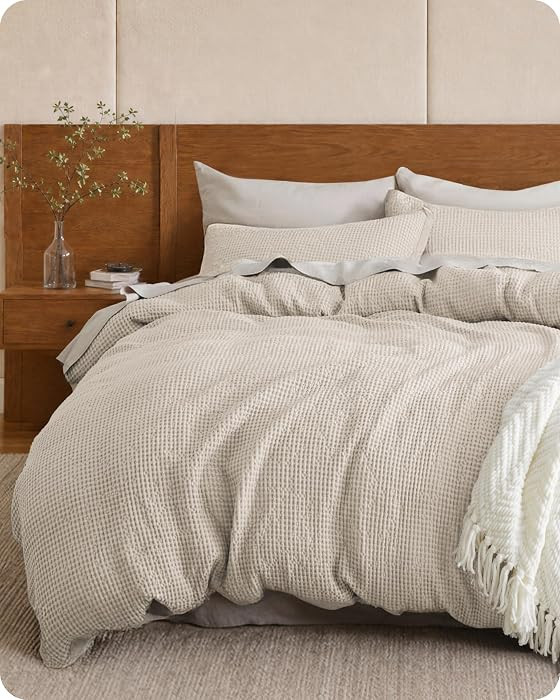 Bedsure PureWoven 3 Pieces 100% Cotton Waffle Duvet Cover Set, King, Beige | Amazon (US)
