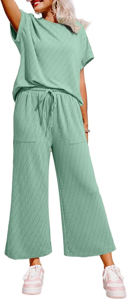 Dokotoo 2 Piece Sets for Women Casual Short Sleeve Summer Tops and High Rise Wide Leg Pants Loung... | Amazon (US)