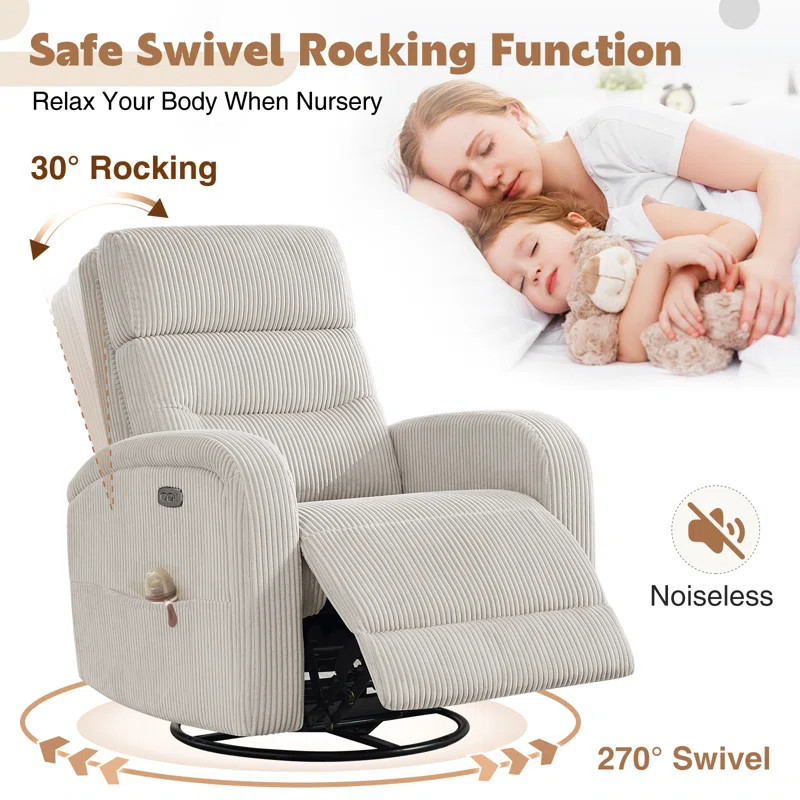 Beppino 33“ Modern Chenille Power Swivel and Rocker Glider Recliner with USB | Wayfair North America