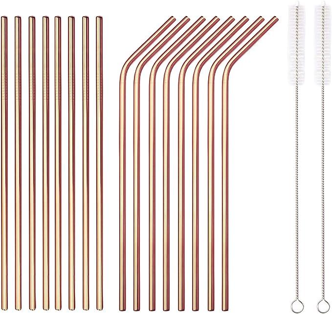 HOMQUEN 18 Piece Copper Stainless Steel Straws, 8.5 '' Reusable Rose Gold Drinking Straws,with Po... | Amazon (CA)