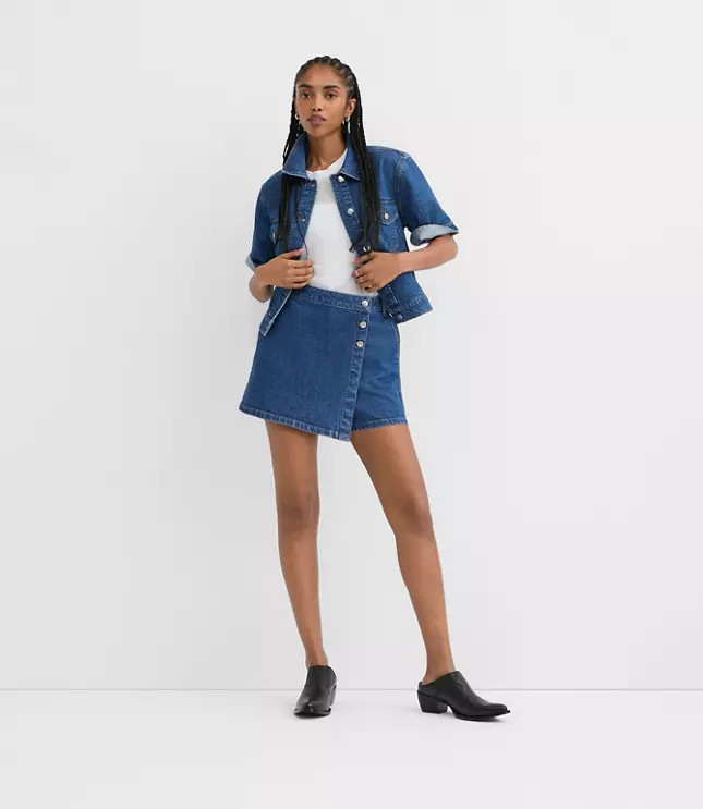Petite Denim Wrap Skort in Medium Stone Wash | LOFT