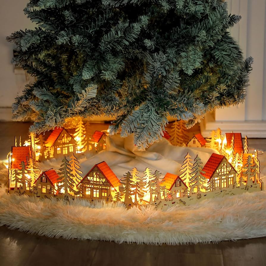 Christmas Village Tree Collar with Light, 23" Wooden Village Tree Collar Handcrafted Tree Skirt R... | Amazon (US)