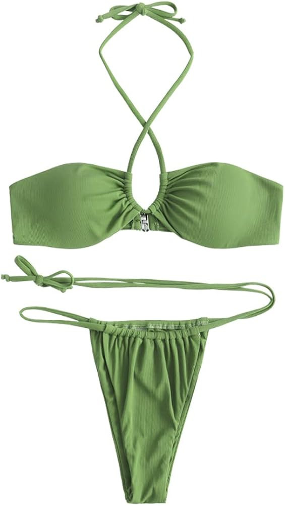 ZAFUL Women's Knit Ribbed Flower Cross Cutout String Two Piece Bikini Set Swimwear | Amazon (US)